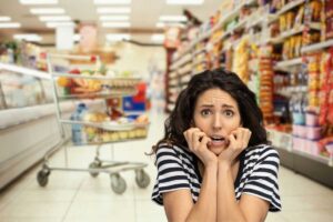 carrello con spesa tra le corsie del supermercato e donna allarmata