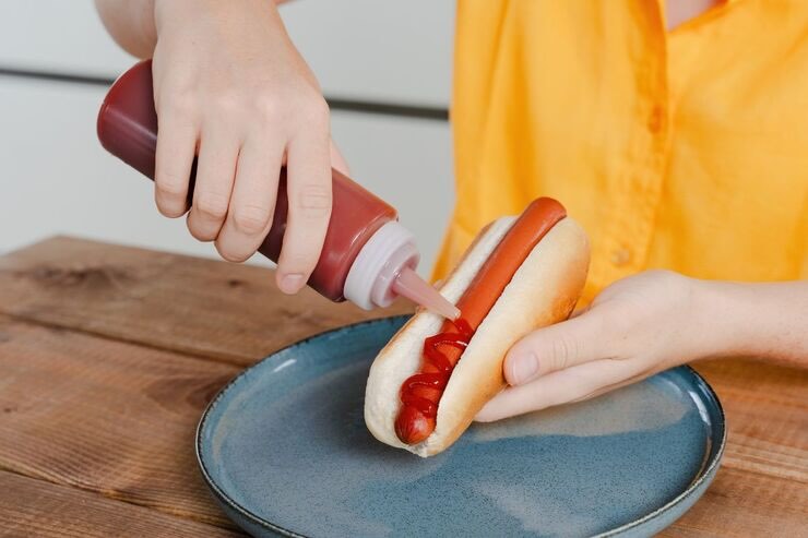 Mano che spreme ketchup su würstel dell'hot dog 